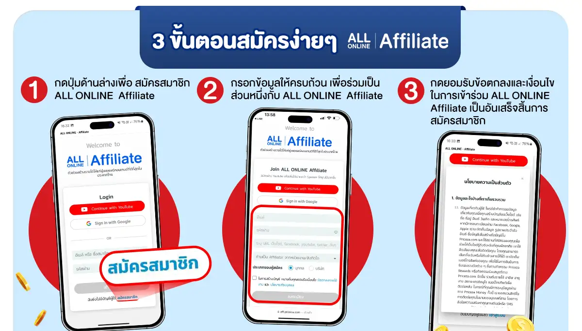 3 ขั้นตอนสมัครง่ายๆ Affiliate ALL ONLINE